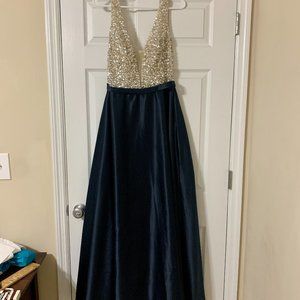 Deep V Neck Navy Blue and Sequined Evening Gown